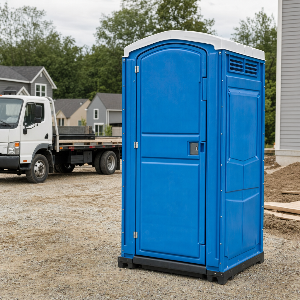 Delivery driver positioning a clean royal-blue portable toilet on level ground at a Modesto worksite