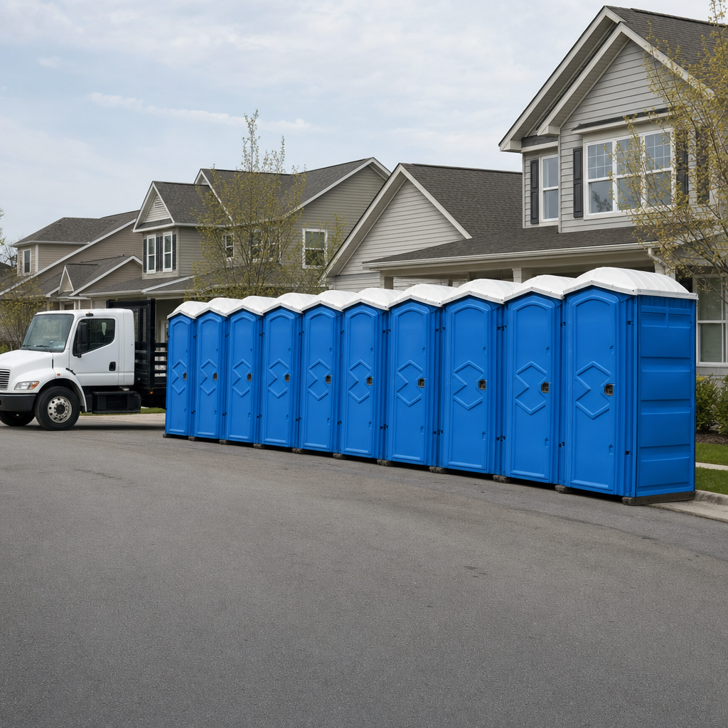 Royal blue portable toilets staged in a tidy row at a Modesto jobsite, ready for delivery